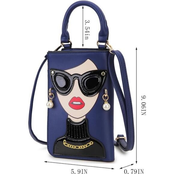 Lady Face Deep Blue Shoulder Bags Funky Vegan Leather Top Handle Satchel - Picture 6 of 6